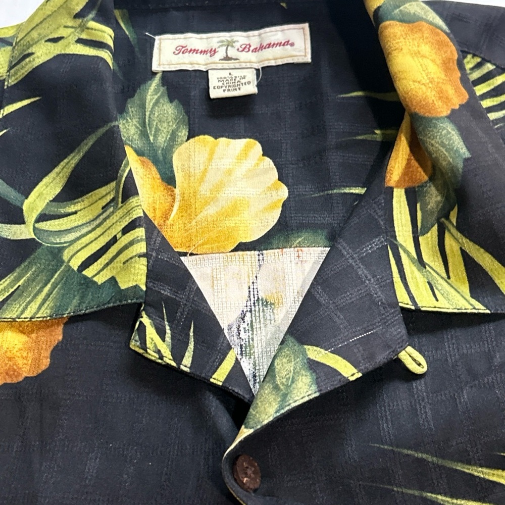 Tommy Bahama Black Silk Hawaiian Shirt with Yellow Floral Design